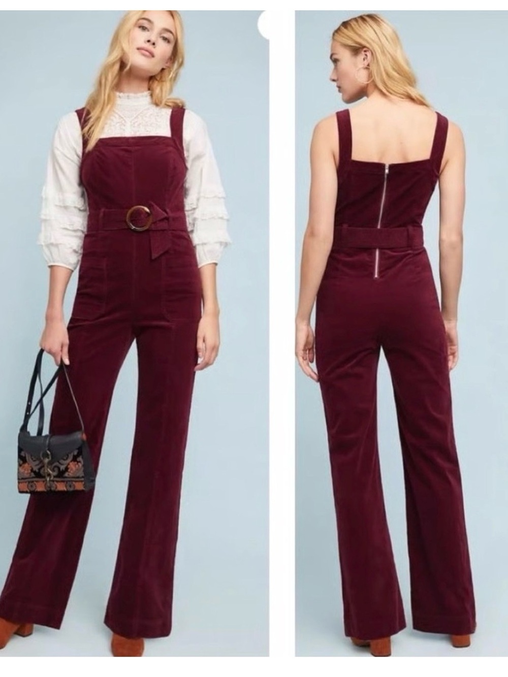 Anthropologie Pilcro Burgundy Corduroy Belted Jumpsuit size 4 stretch fall